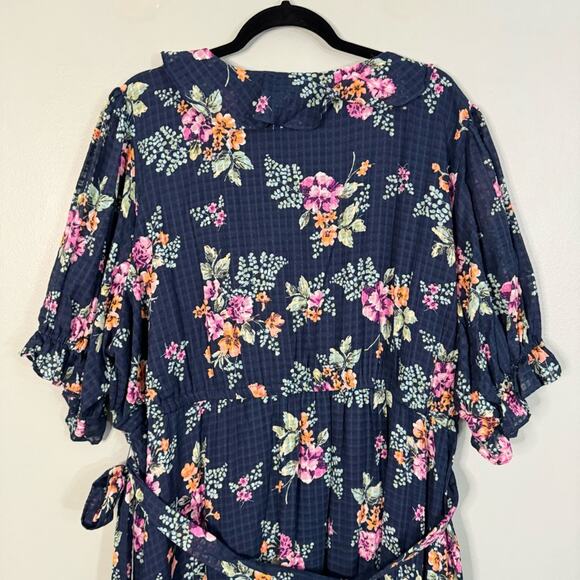 LC Lauren Conrad Floral Waffle Wrap Tie Ruffle Maxi Dress Navy Blue 4X Plus NWT - Picture 8 of 12